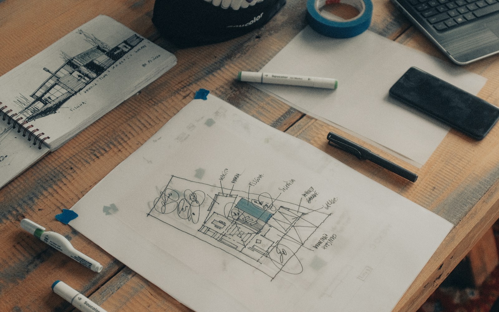 Carnets et outils de création sur une table de travail